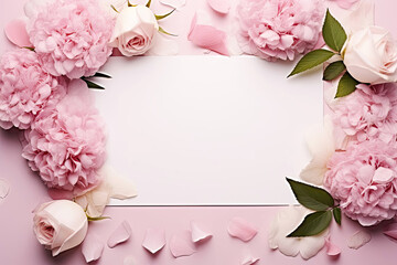 pink rose frame. white card with space for an inscription in a frame of delicate pink flowers.