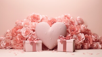 Valentine's Day background with heart and gifts among roses. Romance and love.