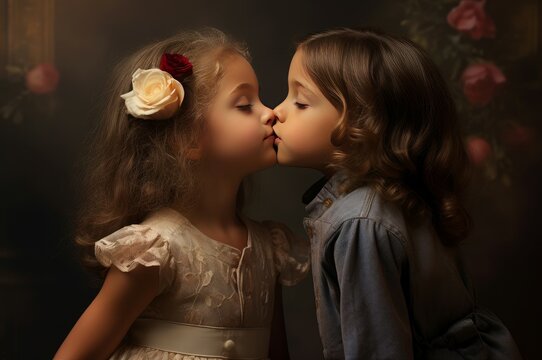 Affectionate Little girl kiss. Cute child sharing love and happiness. Generate ai