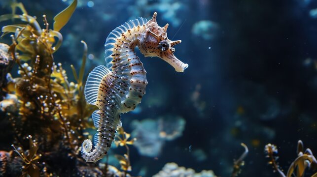 Close-up photography of a seahorse swimming in the sea.
