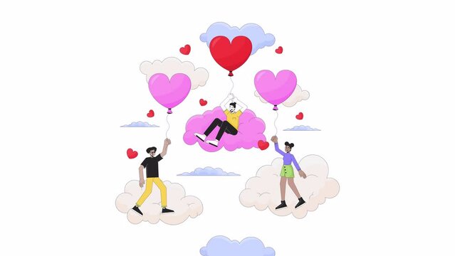 14 february valentines day line 2D animation. Diverse people 4K video motion graphic. Romantic heart shaped balloons, floating on clouds linear animated cartoon flat concept, white background
