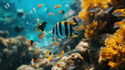 Naklejka na ściany i meble Captivating close-up shot showcasing a unique ornamental fish gliding through the sea. 