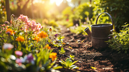 A bright yellow watering can sits amidst freshly watered flowers, basking in the warm spring sun and adding to the beauty of the garden - obrazy, fototapety, plakaty