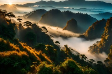 Beautiful Landscape of mountain layer in morning sun ray and winter fog at Doi Hua Mae Kham, Mae Salong Nai, Chiangrai, Thailand-