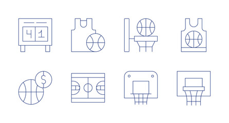 Basketball icons. Editable stroke. Containing scoreboard, shirt, basketball, basketball court.