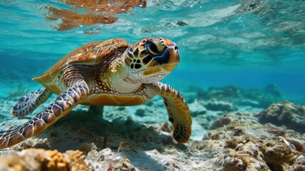 Naklejka na ściany i meble Close-up shot of a tortoise gracefully navigating the ocean waters.