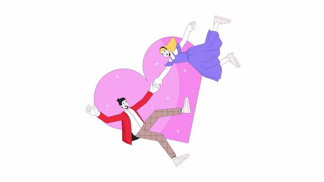 Caucasian couple love first sight line 2D animation. European boyfriend girlfriend fall into love 4K video motion graphic. Romantic affection linear animated cartoon flat concept, white background