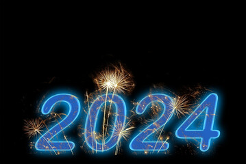 2024 blue fireworks on black sky background. Holiday celebration