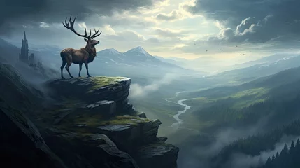Fotobehang A stoic stag standing on the edge of a misty mountain cliff © MAY