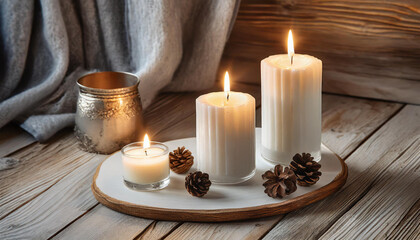 Obraz na płótnie Canvas Lit candles with pine cones on a wooden tray, creating a warm, cozy atmosphere