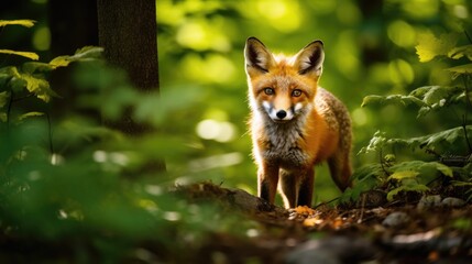 A curious fox in a dense forest