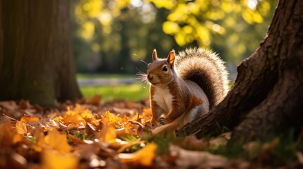 Obraz premium A nimble squirrel foraging for acorns in a vibrant urban park