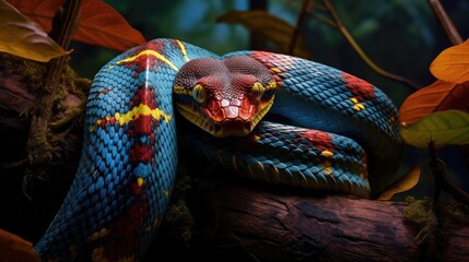 A patterned snake coiled around the branch of a tree in a tropical rainforest