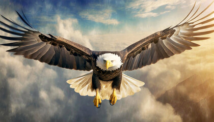 Closeup and front view of an American Bald Eagle flying with spread wings, against a blue sky above the clouds. Generative Ai. - obrazy, fototapety, plakaty