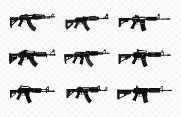 Various firearms Weapons black Silhouette Vector art Set, Machine Gun silhouettes Clipart Bundle - obrazy, fototapety, plakaty