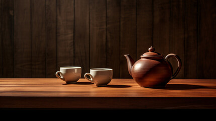 Fototapeta na wymiar Teapot on wooden table
