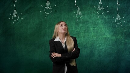 Portrait of woman isolated on green background light bulbs image on top. Girl standing thinking...