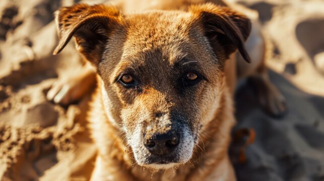 The beach becomes a backdrop for a close-up photo of a dog wearing a contemplative and sorrowful expression.
