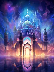 Foto op Canvas glowing mosque, techpunk, bright colors, tetradic colors, glowing, artwork by MSchiffer, Will o'the wisps, copy space - generative ai © Nia™
