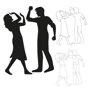 Set of two editable black silhouettes of aggressive man and frightened woman, symbolizing stalking and sexual violence. Domestic violence and sexual harassment.  Victim Protection Charity