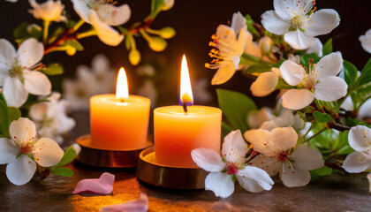 Lit candles surrounded by white blossoms, creating a serene ambiance
