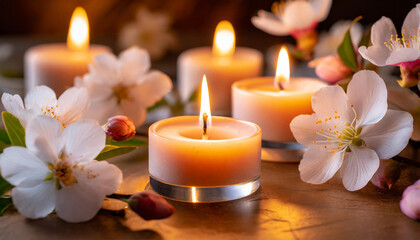 Obraz na płótnie Canvas Lit candles surrounded by delicate white blossoms, evoking a serene and mystical ambiance
