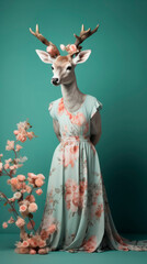 Surrealistic deer with human body and pose, dressed in an elegant floral dress and holding a bouquet of flowers. Nature Conservation. Fantasy illustration. cover artwork. Delicacy and elegance