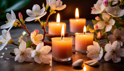 Fototapeta na wymiar Lit candles amidst blooming white flowers, evoking a serene and mystical ambiance