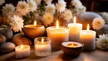 Fototapeta na wymiar A serene setting of lit candles surrounded by delicate white flowers, ideal for relaxation and decor themes