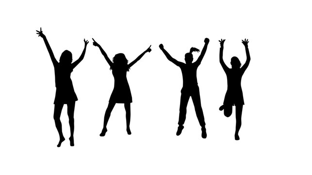 Silhouette group of people dancing. Some slim female people in dance pose.