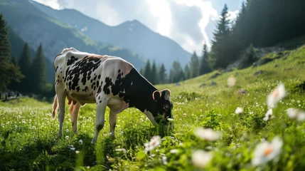 Tuinposter Mountain pastures where dairy cows leisurely graze.  © Matthew
