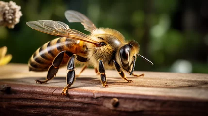 Fototapete Rund Close up of bee (Apis Mellifera), European or Western honey bee sitting on wooden beehive  © Business Pics