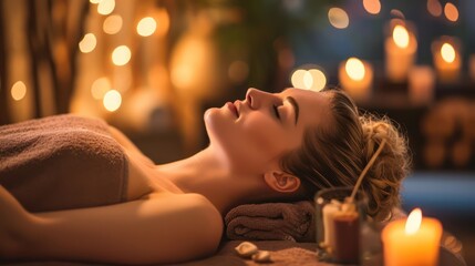Relaxation spa model: A stunning young woman indulging in a massage at a spa salon.
