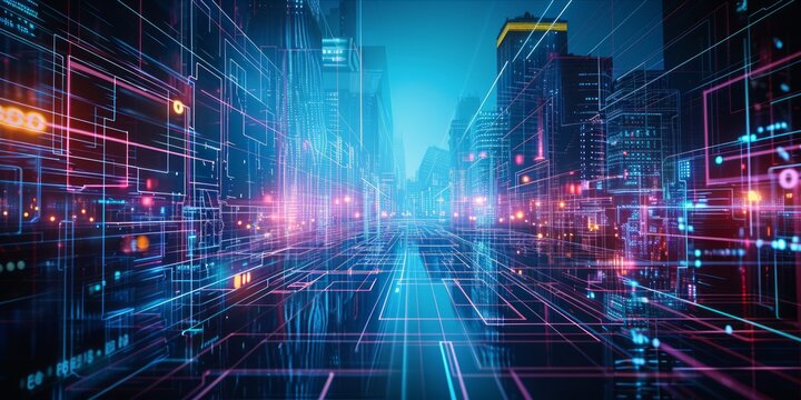 Futuristic digital cityscape with glowing outlines and neon lights. - Powered by Adobe