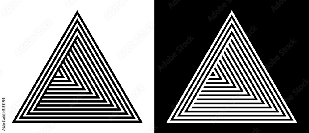 Aufkleber Geometric triangle shape with lines as modern design element, logo or icon. Black shape on a white background and the same white shape on the black side.