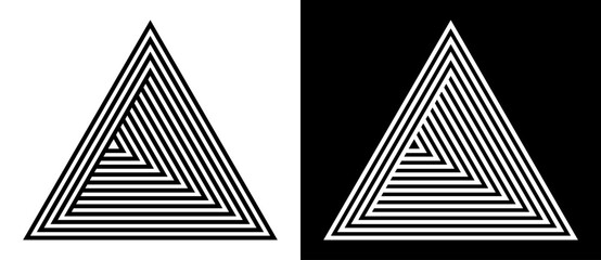 Geometric triangle shape with lines as modern design element, logo or icon. Black shape on a white background and the same white shape on the black side. - obrazy, fototapety, plakaty