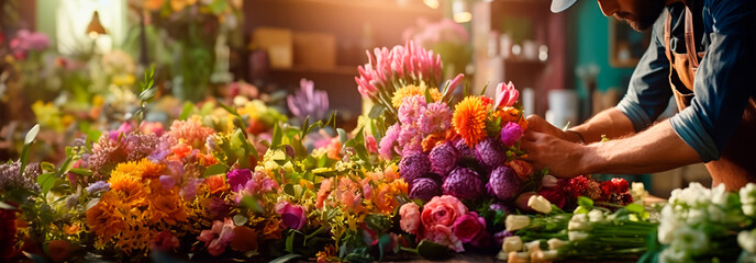 Close-up of florist's hands at work, making colorful bouquet compositions from fresh flowers on background of various flowers,Rose,Lily,Tulip in warm sunligh. floristics. A gift. Banner. Copy space - obrazy, fototapety, plakaty