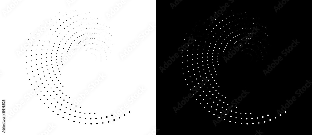 Poster Modern abstract background. Halftone dots in circle form. Round logo, design element or icon. Vector dotted frame. A black figure on a white background and an equally white figure on the black side.