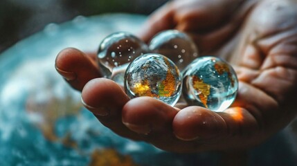 close up a person holding a glass marble balls in the earth map, close up of hand holding a stone - obrazy, fototapety, plakaty