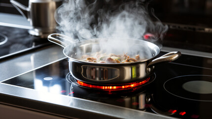 White boiling pot with hot steam - obrazy, fototapety, plakaty