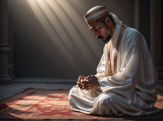 Muslim man immersed in the Islamic tradition of prayer, radiating faith and mindfulness while the sun's rays illuminate him. Side view. Holy month of Ramadan.