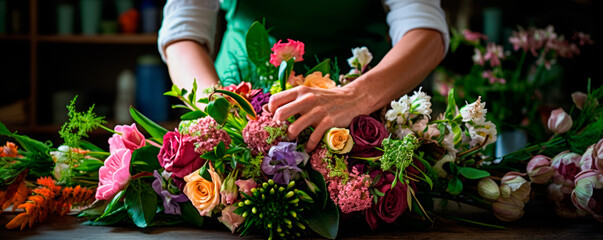 Close-up of florist's hands at work, making colorful bouquet compositions from fresh flowers on...