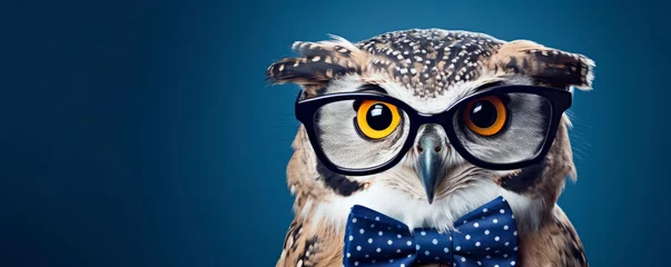 Poster Portrait of surprised focused owl wearing a dark blue bow tie humorous anthropomorphic look on blue background. Educational Materials. School, learning. Wildlife conservation. Notebook cover. Banner © stateronz