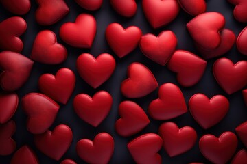 Red heart shapes on dark background, representing love and Valentine's Day celebration