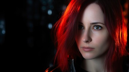 confident woman with vibrant red hair in black leather jacket