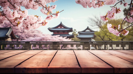 A wooden floor for displaying products related to Japan or bright cherry blossoms. Ai geneerate.