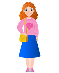 Cartoon young girl in the pink sweatshirt and blue skirt.