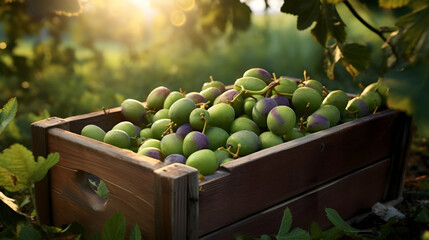 Greengages harvested in a wooden box in an orchard with sunset. Natural organic fruit abundance. Agriculture, healthy and natural food concept. Horizontal composition.