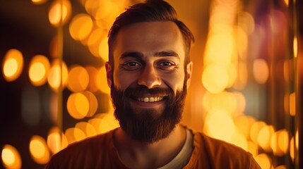 Young bearded man on golden background standing smiling looking at camera. Neon lights