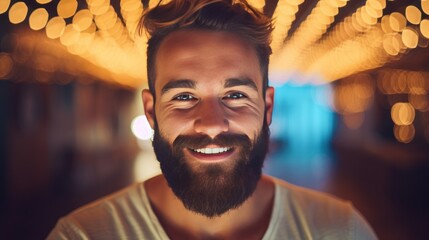 Young bearded man on golden background standing smiling looking at camera. Neon lights - obrazy, fototapety, plakaty